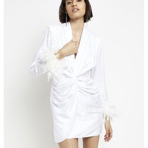 White satin feather trim wrap mini dress |